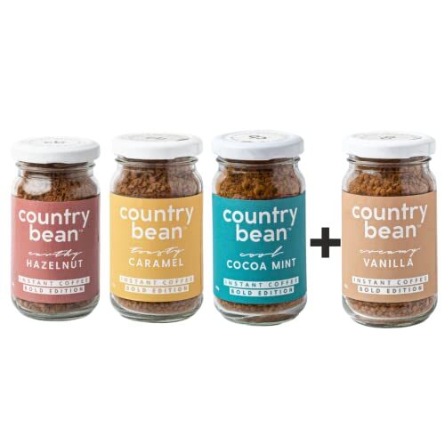 Country Bean Instant Coffee Powder with Hazelnut, Caramel, Vanilla and Cocoa Mint Flavors, 50 Gm Each - Combo Pack 4