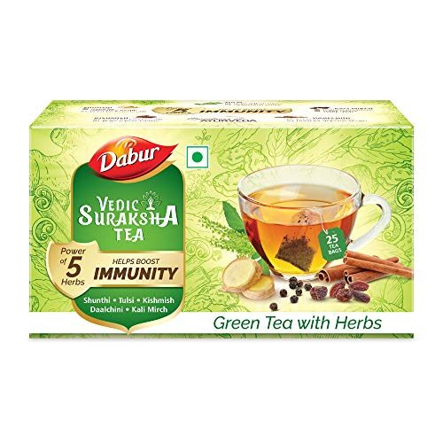Dabur Vedic Suraksha Green Tea - 25 tea bags : Immunity Booster with the Goodness of 5 Ayurvedic Herbs