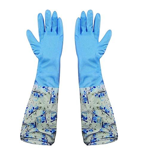 Diniva Reusable Rubber Latex PVC Flock lined Long Sleeves Safety Hand Gloves (Blue)