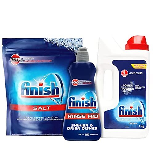 Finish Dishwasher Rinse Aid Liquid, Shine & Dry - 400ml + Dishwasher Salt - 2Kg + Dishwasher Power Powder Detergent - 1Kg