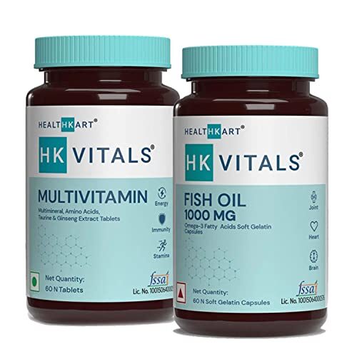 HealthKart HK Vitals Fish Oil and Multivitamin Combo, For Men and Women, 60 Fish Oil Capsules + 60 Multivitamin Tablets