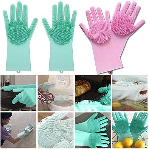 IVAAN Eco Magic Silicone Latex-Free Scrub Cleaning Gloves with Scrubber for washing and Pet Grooming (Multicolour Pack of 2 pcs else pack of 1 pairs)