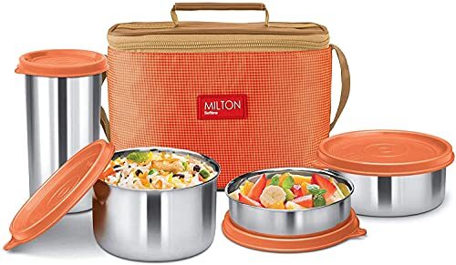 MILTON Delicious Combo Stainless Steel Insulated Tiffin, Set of 4, Orange