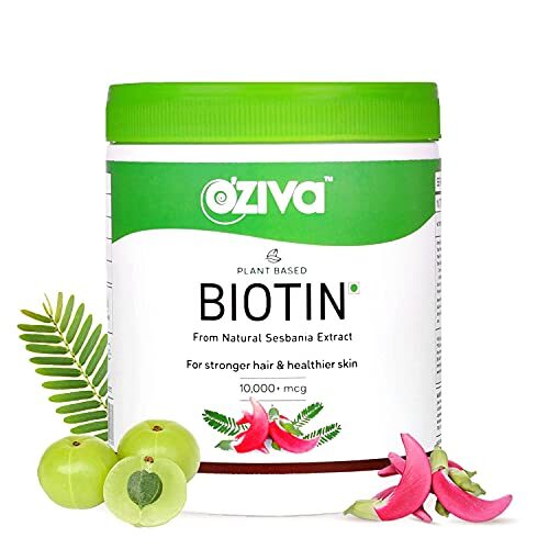 OZiva Plant Based Biotin for hair growth 10000mcg+ with Amla for Men & Women, Biotin supplement to support Hairfall Control & Healthier Skin, Certified Clean & Vegan, 125 gm