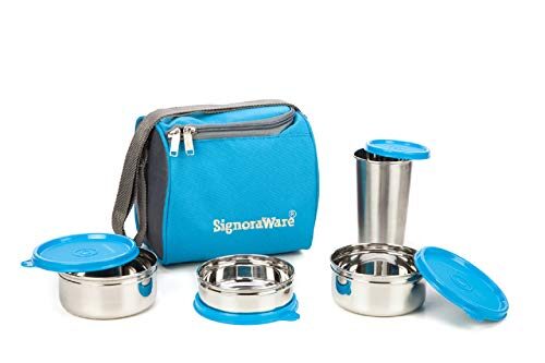 Signoraware Best Stainless Steel Lunch Box, Blue (500 Ml+350 Ml+200 Ml) | with Steel Tumbler 370 Ml