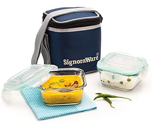 Signoraware Director High Borosilicate Bakeware Safe Glass Small Lunch Box Set, 2-Pieces (320ml Each), Clear