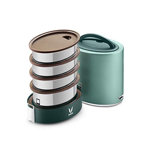 Vaya Tyffyn Jumbo Green Polished Stainless Steel Lunch Box Without Bagmat, 1300 ml, 4 Containers, Green