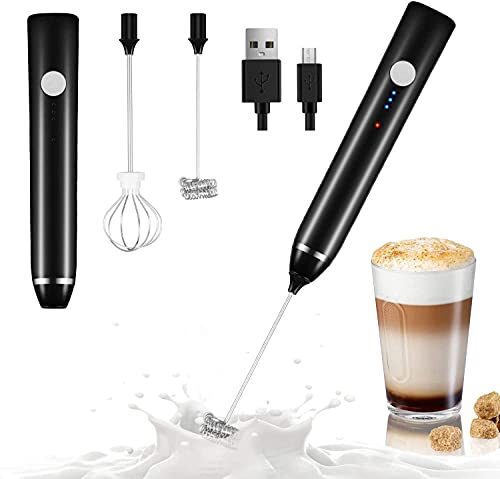 WideWings Milk Frother Handheld USB Rechargeable Electric Stainless Steel Milk Frother Whisk, Foam Maker for Coffee, 2 Whisks for Coffee, Egg Mix (Black)