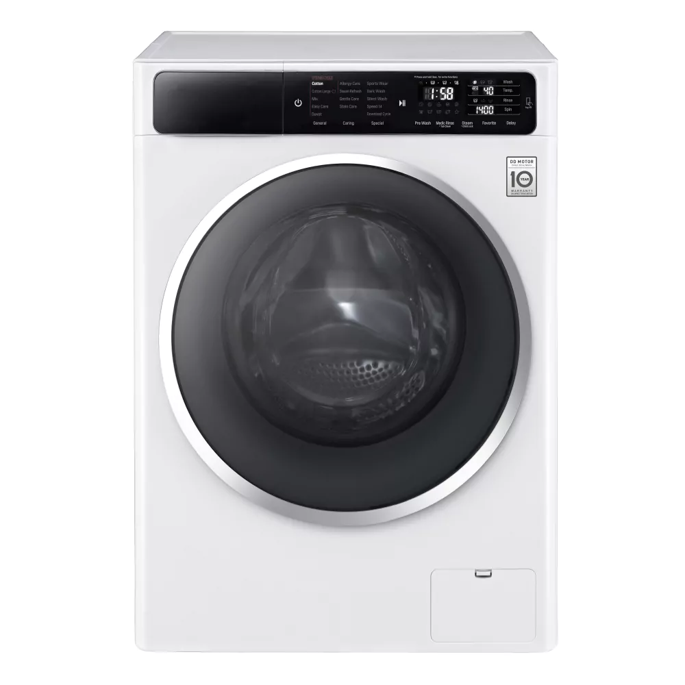 A white colored front load washing machine