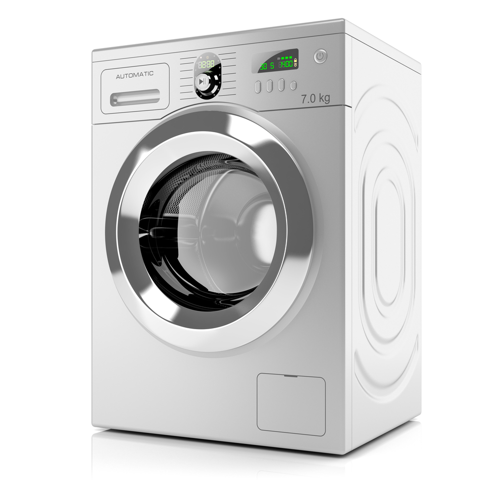 a white colored fully-automatic front-load washing machine