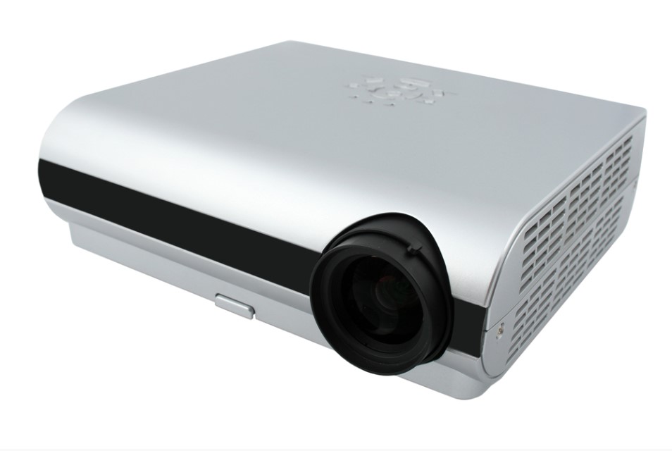a silver colored dlp projector.