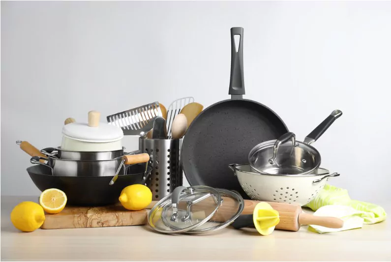 a picture showcasing all the essential cookware and utensils in a kitchen