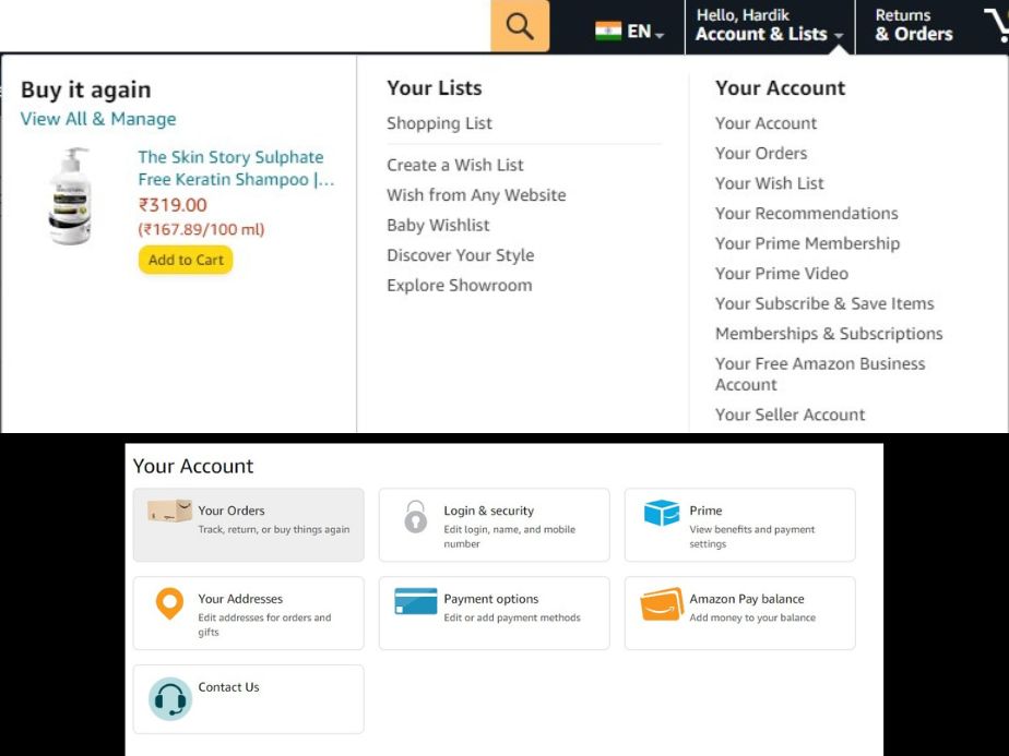 your account section in amazon