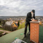 a chimney sweeper on the rooftop of a house checking a smoking chimney