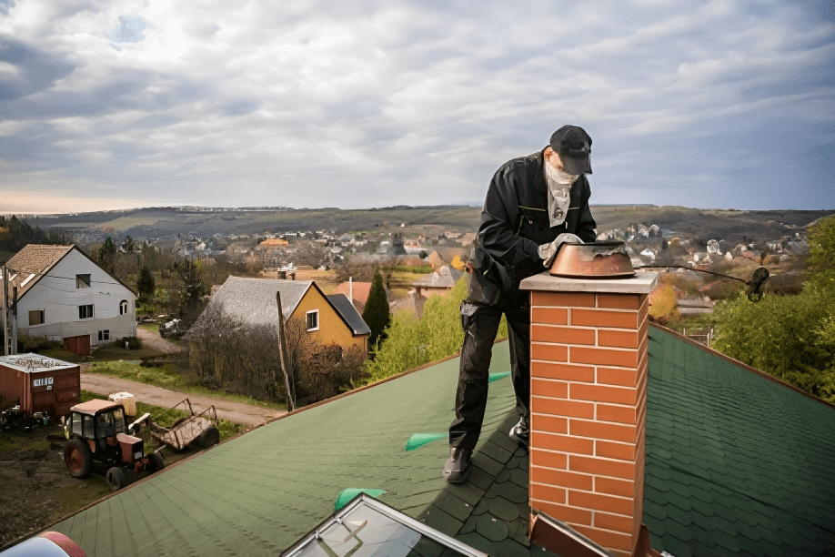 a chimney sweeper on the rooftop of a house checking a smoking chimney