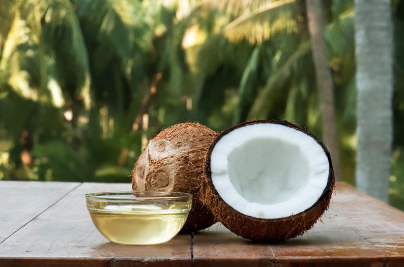 coconut and coconut oil with coconut tree