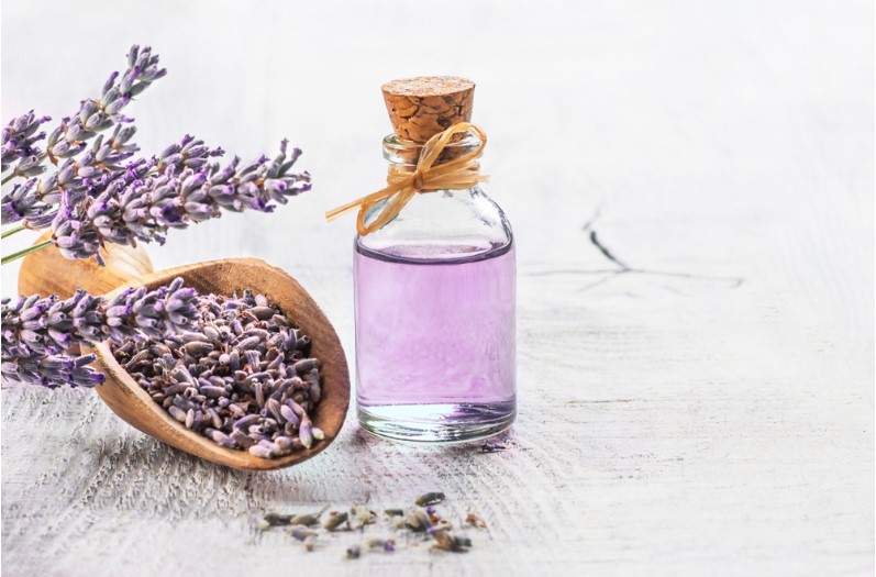 glass bottle of lavender essential oil