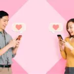 young happy couple using mobile app to connect and instant messaging