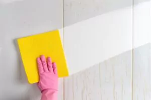 hand of a woman cleaning tiles while wearing gloves