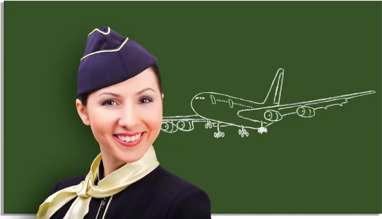 portrait of a beautiful air hostess on the background of a board with a drawn airplane