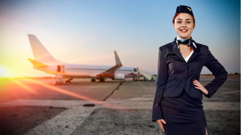 young and beautiful air hostess in uniform with an airplane in background