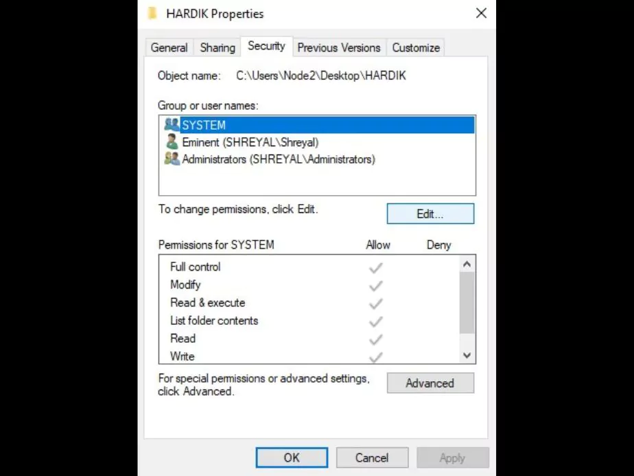 security tab inside permission tab