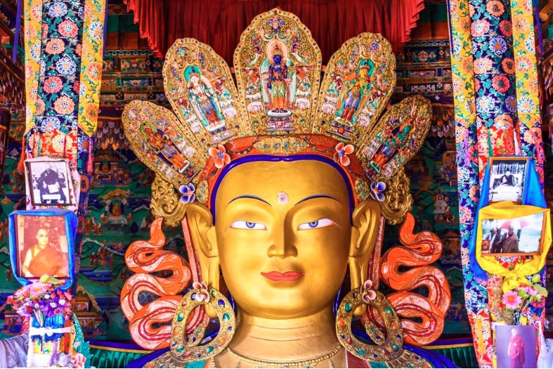 beautiful and respectful golden buddha statue in thiksey monastery temple ladakh