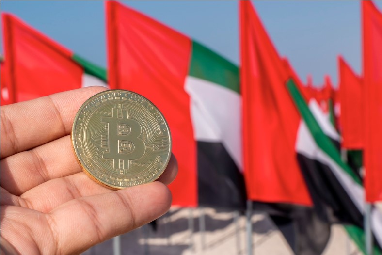 golden bitcoin with the uae flag in the background