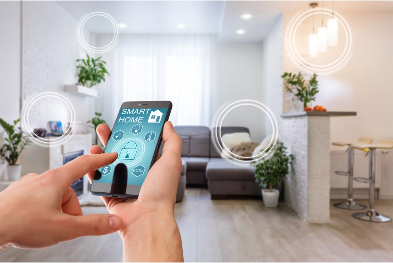 smart home technology interface on smartphone app screen with augmented reality view of iot