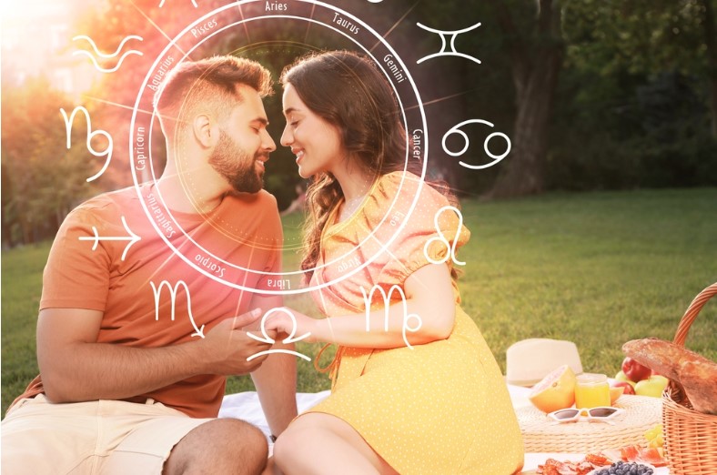 loving couple outdoors and zodiac wheel