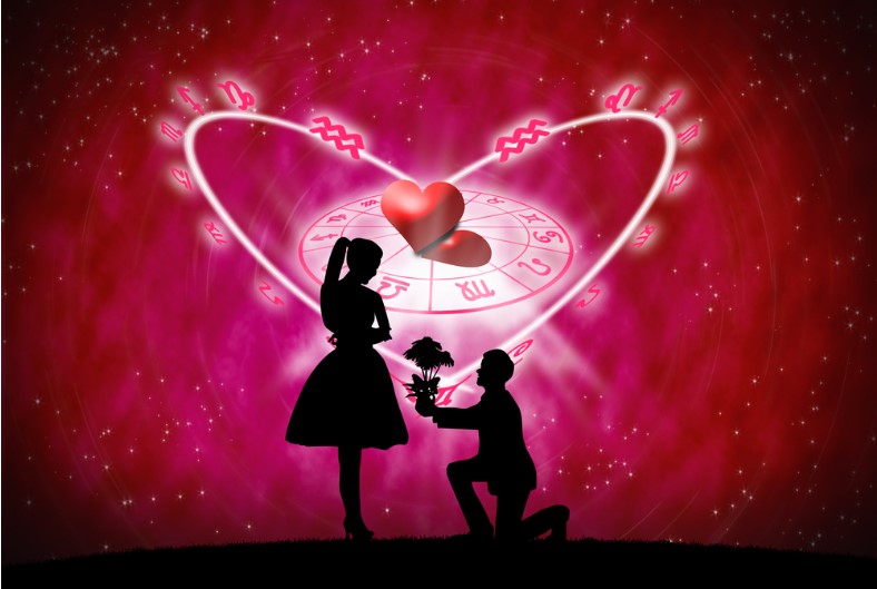 red background of astrology and love concept