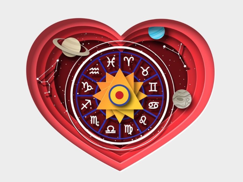 zodiac wheel with twelve horoscope signs inside of heart