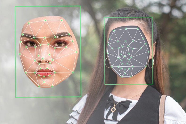 deepfake concept matching facial movements with a different face of another woman in a photo