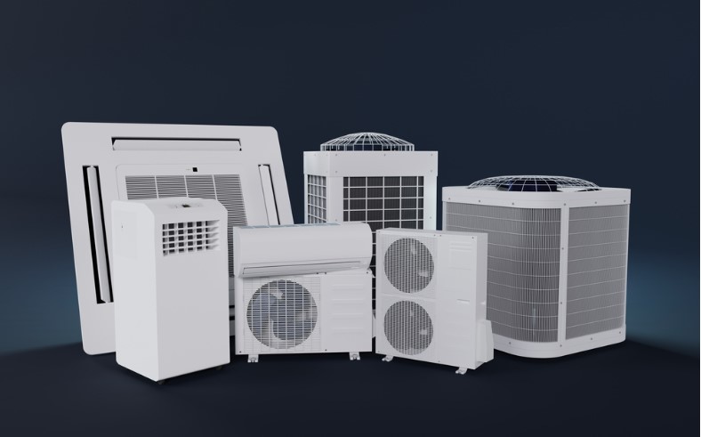 seven different air conditioners on a dark blue background