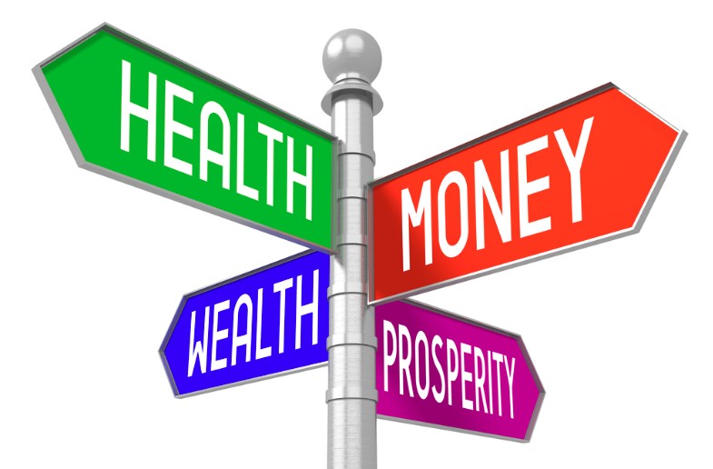 3d illustration of signpost health money wealth prosperity