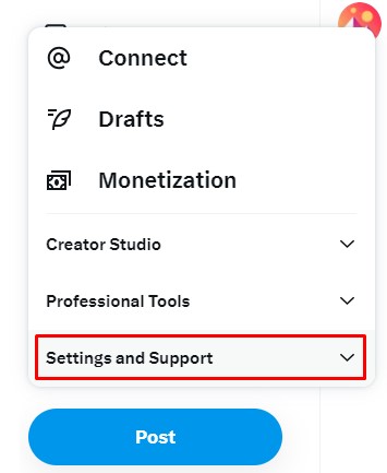 settings and support menu in twitter