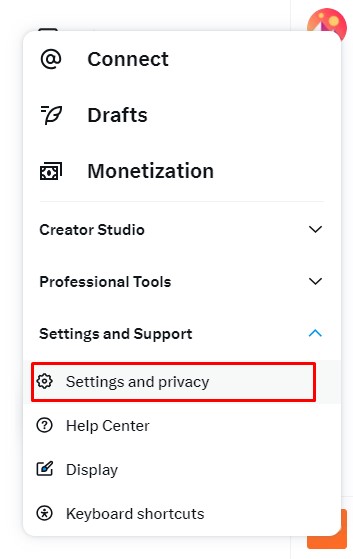 settings and privacy option under setting and support menu in twitter