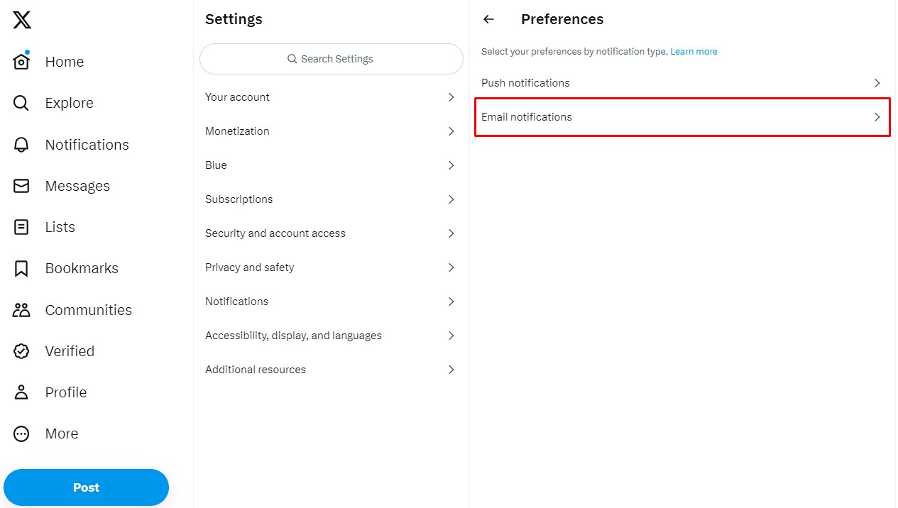 email notifications option under preferences option in twitter