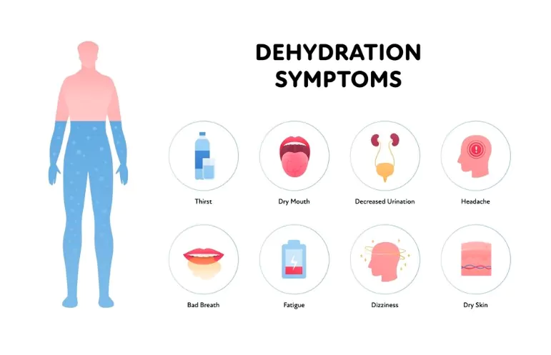 dehydration symptoms infographic layout vector flat healthcare illustration human body silhouette water level thirst dry mouth and skin urination headache bad breath fatigue dizziness icon