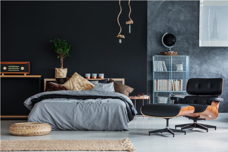 wicker accessories in black and grey modern bedroom