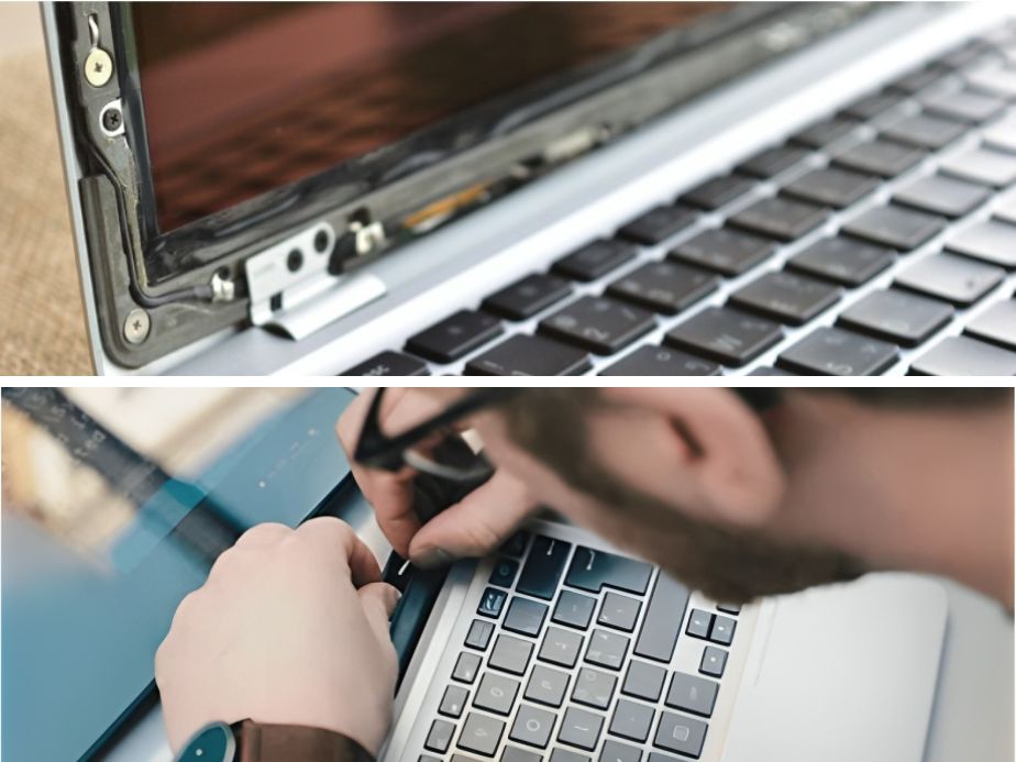 a man opening the laptop screen with a screwdriver