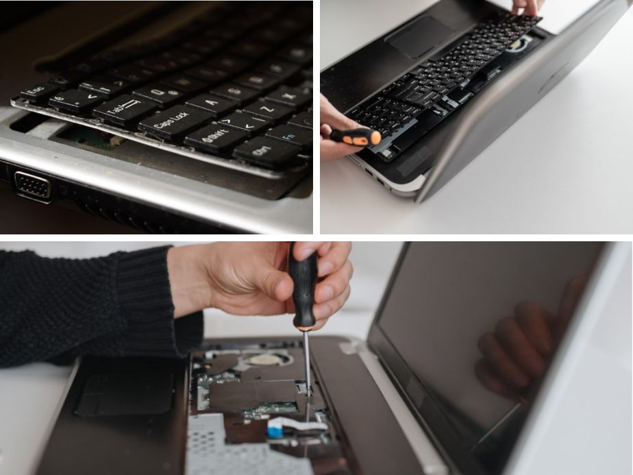 a man opening and removing the keyboard from a laptop with a screwdriver