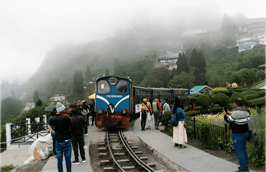 tourists travelling in a steam locomotive engined toy train of darjeeling himalayan railway