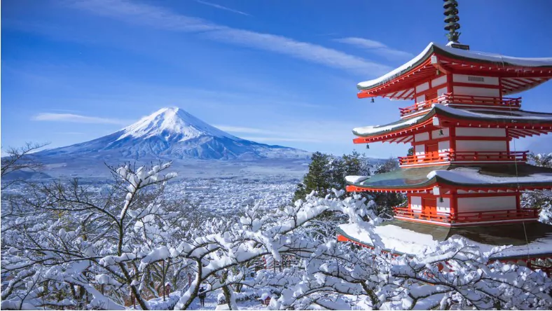 mount fuji and chureito pagoda during winter