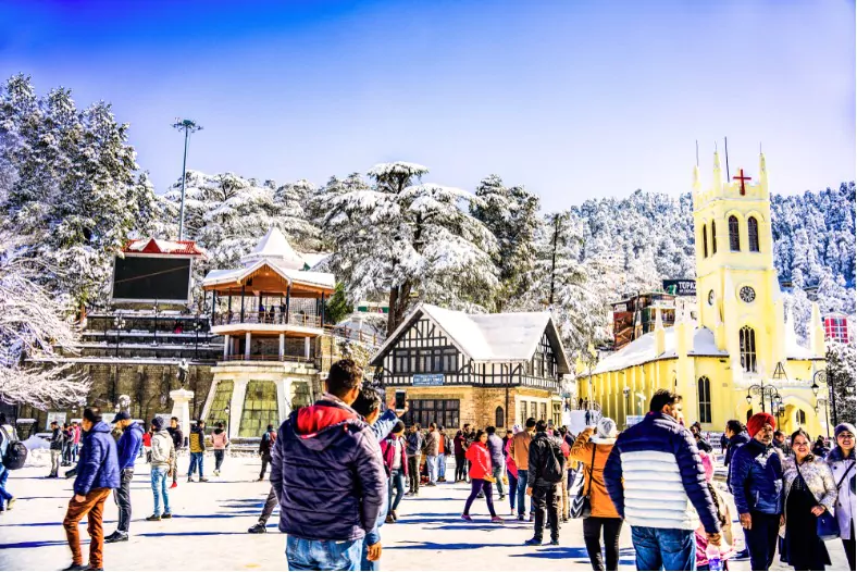 beautiful view of shimla city and mall road after a snowfall