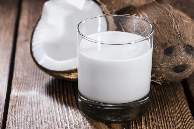 coconut milk in a glass on dark wooden background