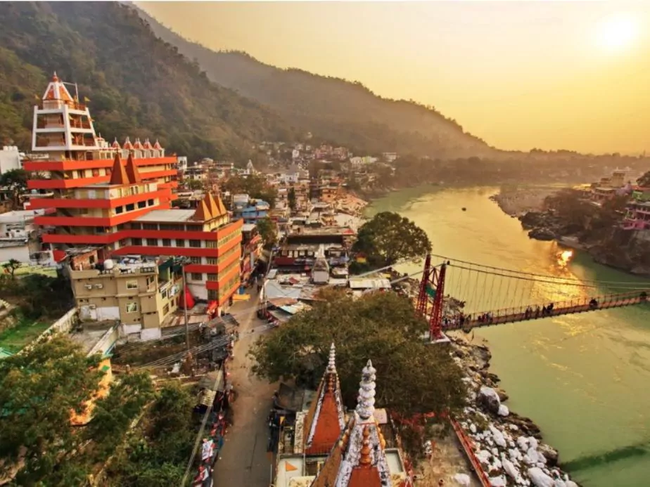 rishikesh yoga city india gange river valley ganga uttarakhand aerial landscape view