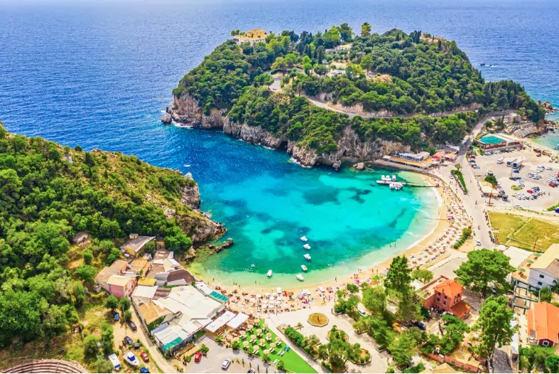 aerial drone view of famous paleokastritsa beach resort on corfu island greece