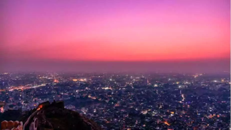 panoramic aerial view of jaipur city also known as pink city during sunset