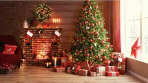 christmas tree glowing fireplace and gifts